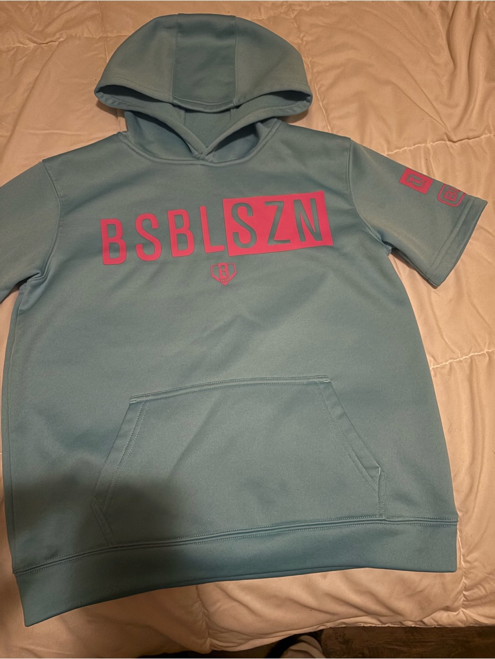 BSBL SZN Kids Short-Sleeve Hoodie - Teal with Pink Logo